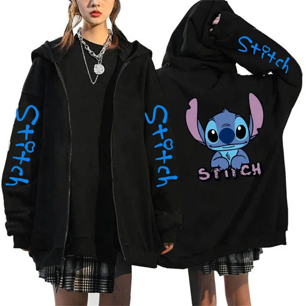 Men's and women's Lilo Stitch hooded jackets, Bonita Harajuku anime, cartoon Gothic streetwear, women's zippered sweaters.
