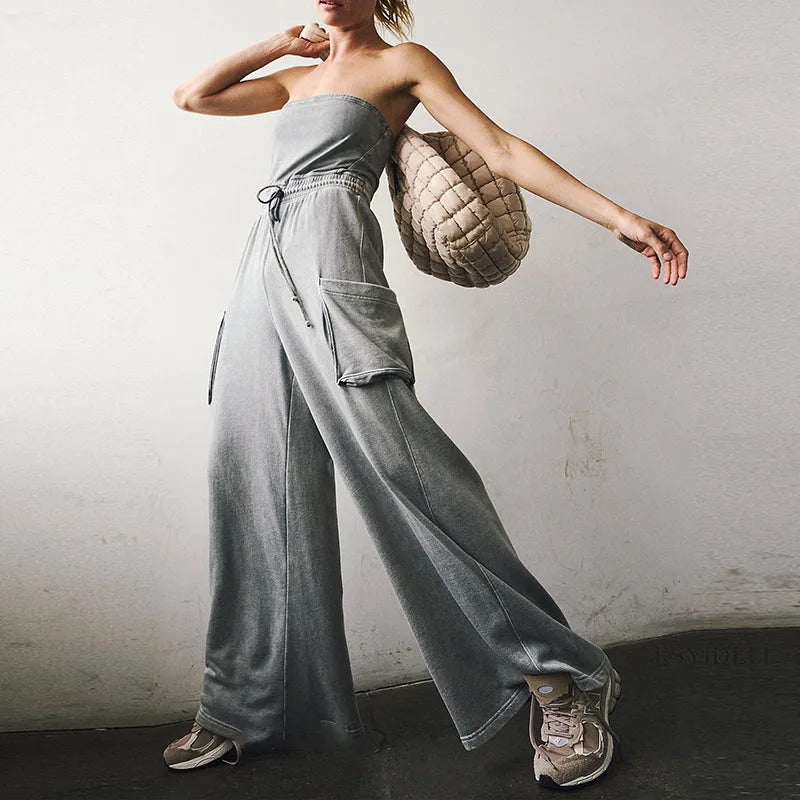Stylish New Backless Sleeveless Commute Playsuits Women Tube Top Wide Leg Drawstring Rompers Elegant Solid Color Pocket Jumpsuit.