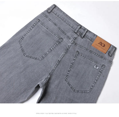 Summer Thin Men's Loose Straight Jeans Lyocell Soft Drape Business Casual Trousers Classic Smoke Gray Brand Ice Silk Pants.