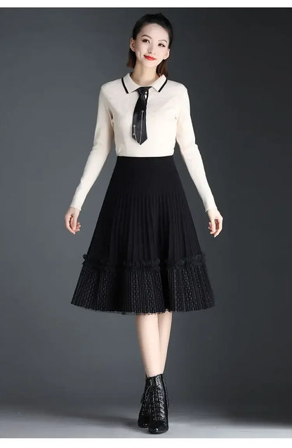 Korean Fashion Autumn Winter Women Solid Elastic High Waist Lace Patchwork Simplicity Mid-length A-line Pleated Knitted Skirt.