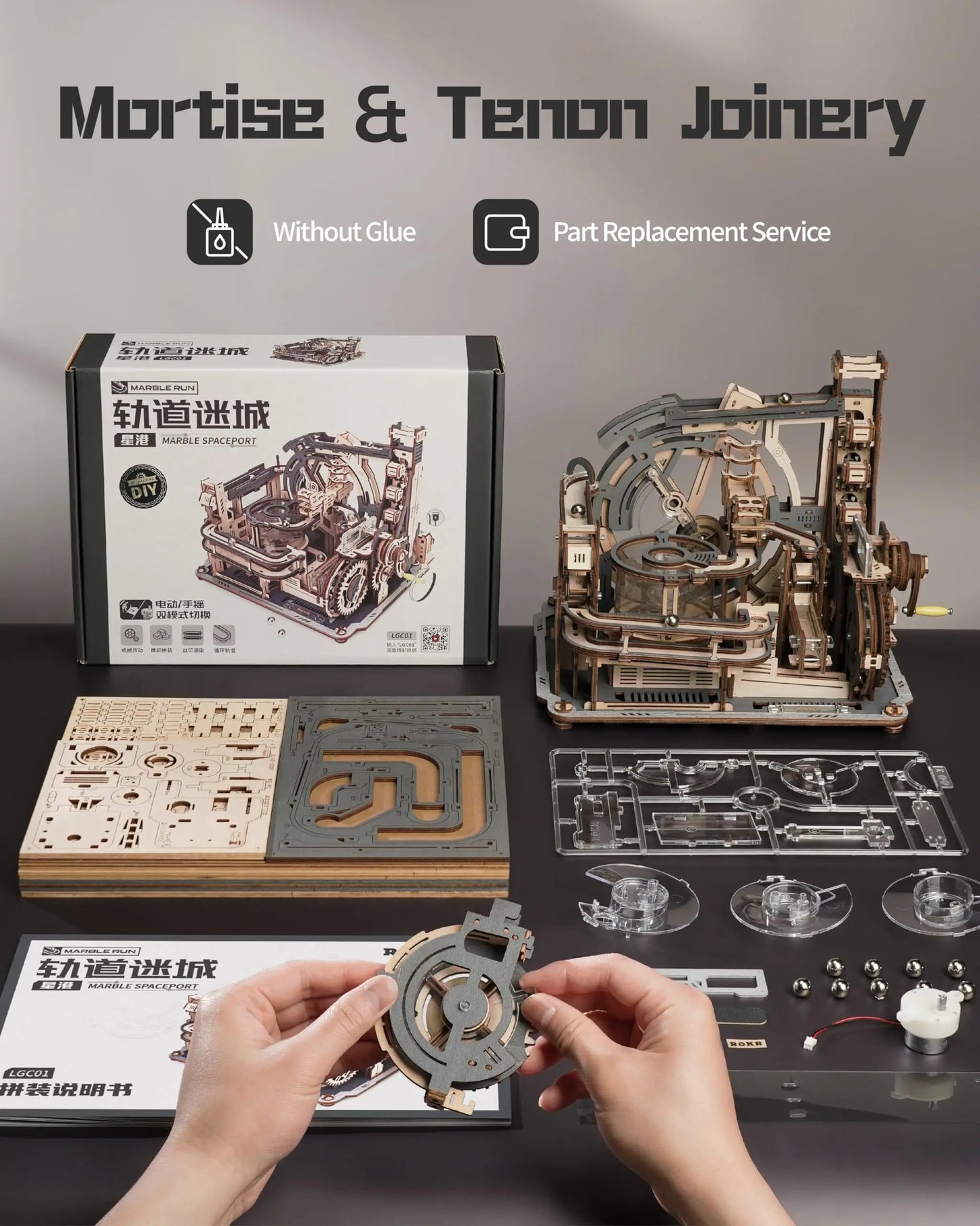 ROBOTIME Rokr Electric Marble Run with Light 3D Puzzle Toys Marble Spaceport Gifts for Kids Children Connect With Night City.