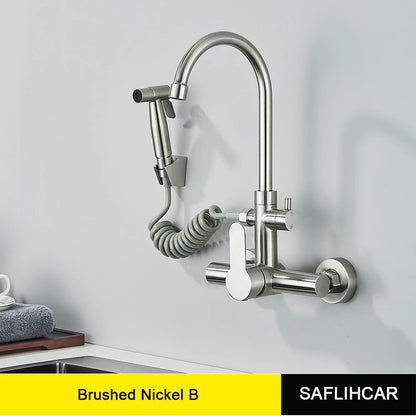 Kitchen Faucets Stainless Steel Wall Mounted Multifunctional Bathroom Basin Faucet Hot Cold  Water Mixer Taps With Spray Gun