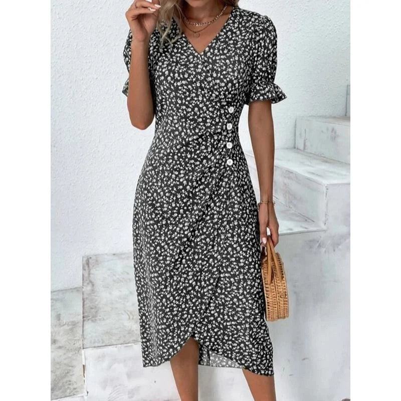 Frühling Floral Bodycon Midi Kleid Für Frauen V-ausschnitt Langarm Rüschen Slim Fit Kleider Weibliche Sexy Vestido Robe