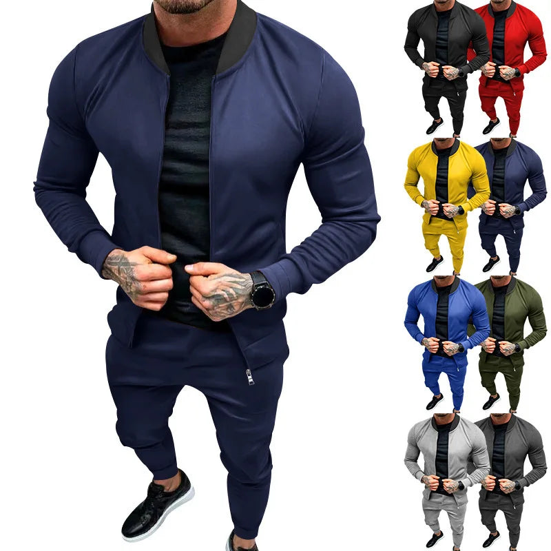 Amazon 2024 European and American men's clothing fitness sports trend outdoor leisure men's zipper suit.