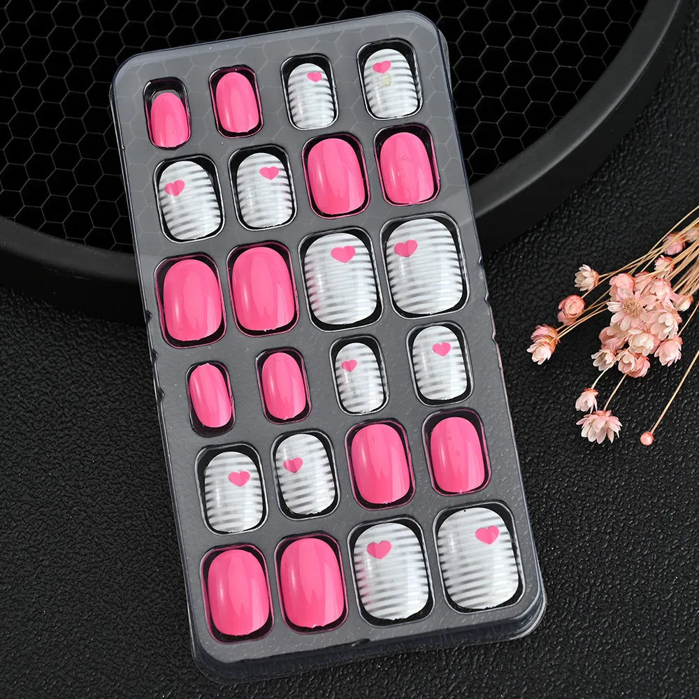 24Pcs/box Kids nails for Girl Cartoon Pattern False Nail Cute Child Fake Nails Tips Kawaii Acrylic Artificial Press on Nail+Tool