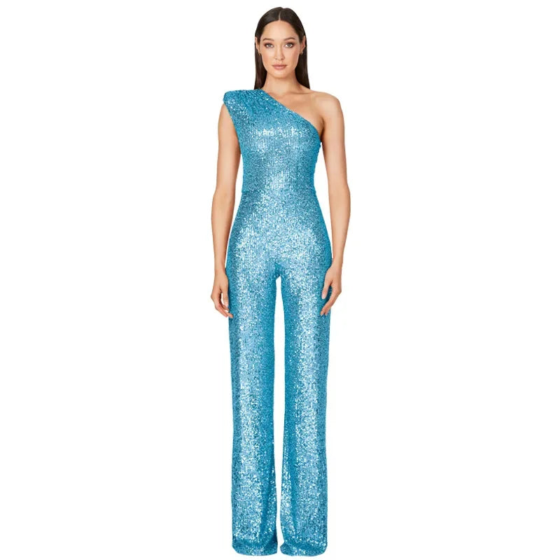 Women Elegant Long Jumpsuits Sexy Glitter Sequin Club Ladies Playsuits Slanted Collar Party Fashion Backless Solid Romper 2024.