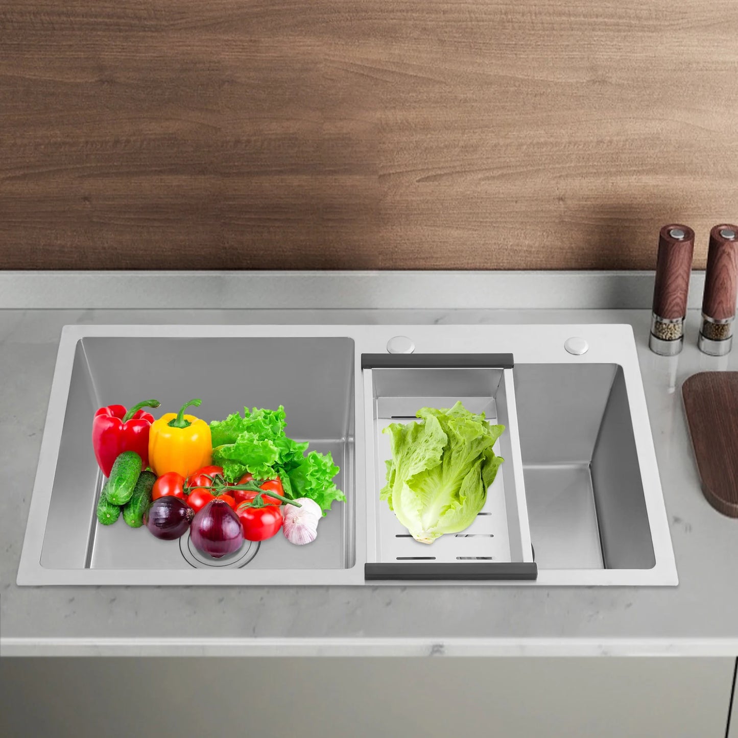 Bymaocar 78 * 43 * 21 cm Edelstahl-Küchenspüle, Doppelschüssel-Küchenspüle, Küchenspüle mit Abflusskorb