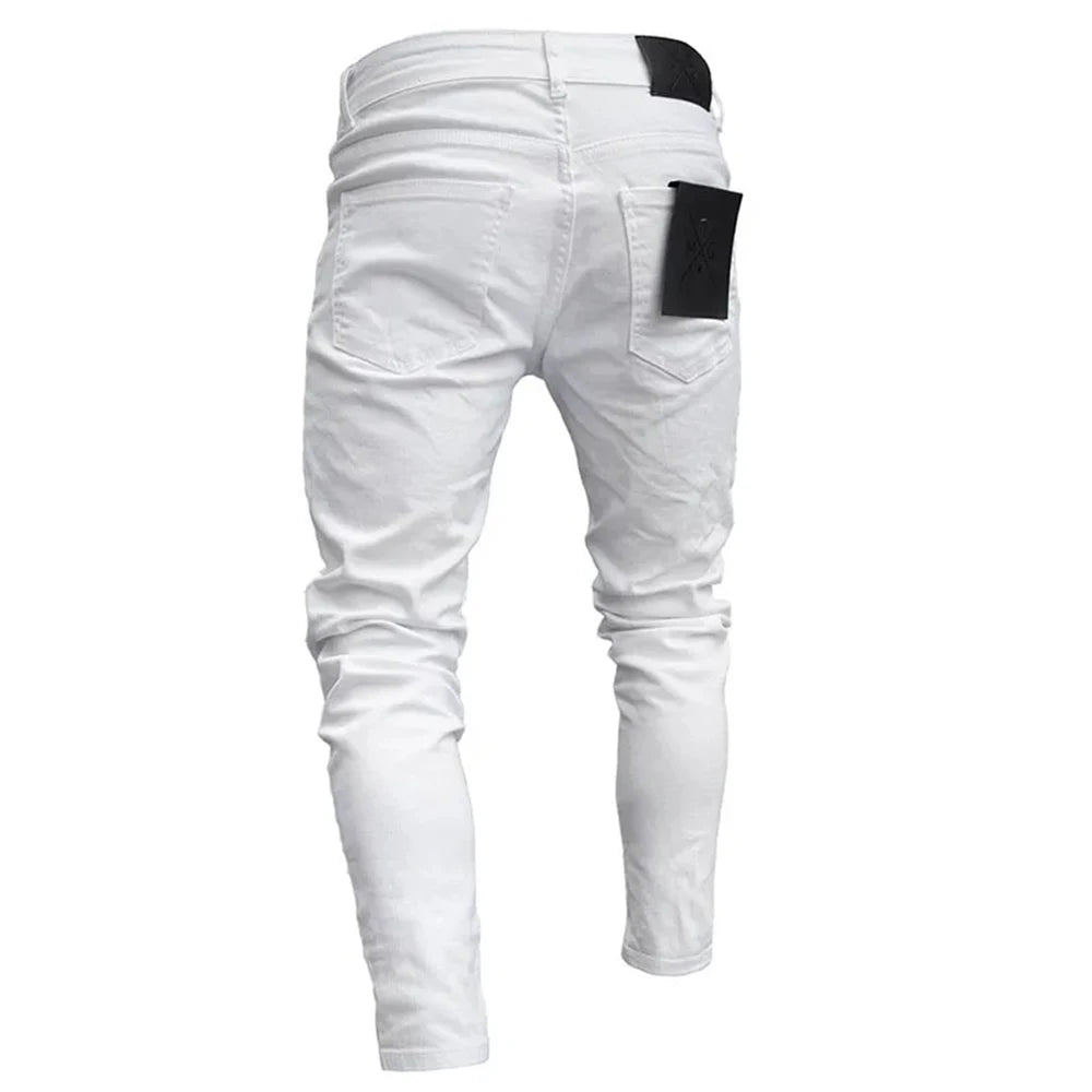 White Embroidery Skinny Ripped Jeans Men Cotton Stretchy Hole Slim Fit Hip Hop Denim Pants Casual Jeans for Men Jogging Trousers.