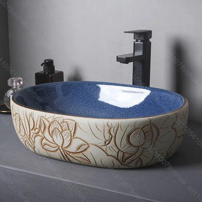Retro Keramik Badezimmer Waschbecken Arbeitsplatte Waschbecken Künstlerische Eitelkeit Schüssel für Zuhause Keramik Gefäß Waschbecken Theke Waschschüssel Vintage