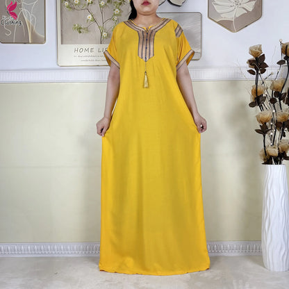 2025 Muslim Caftan Short Sleeve Dress Solid Cotton Summer Abaya African Traditional Dresses Islam for Women Casual Clothing.