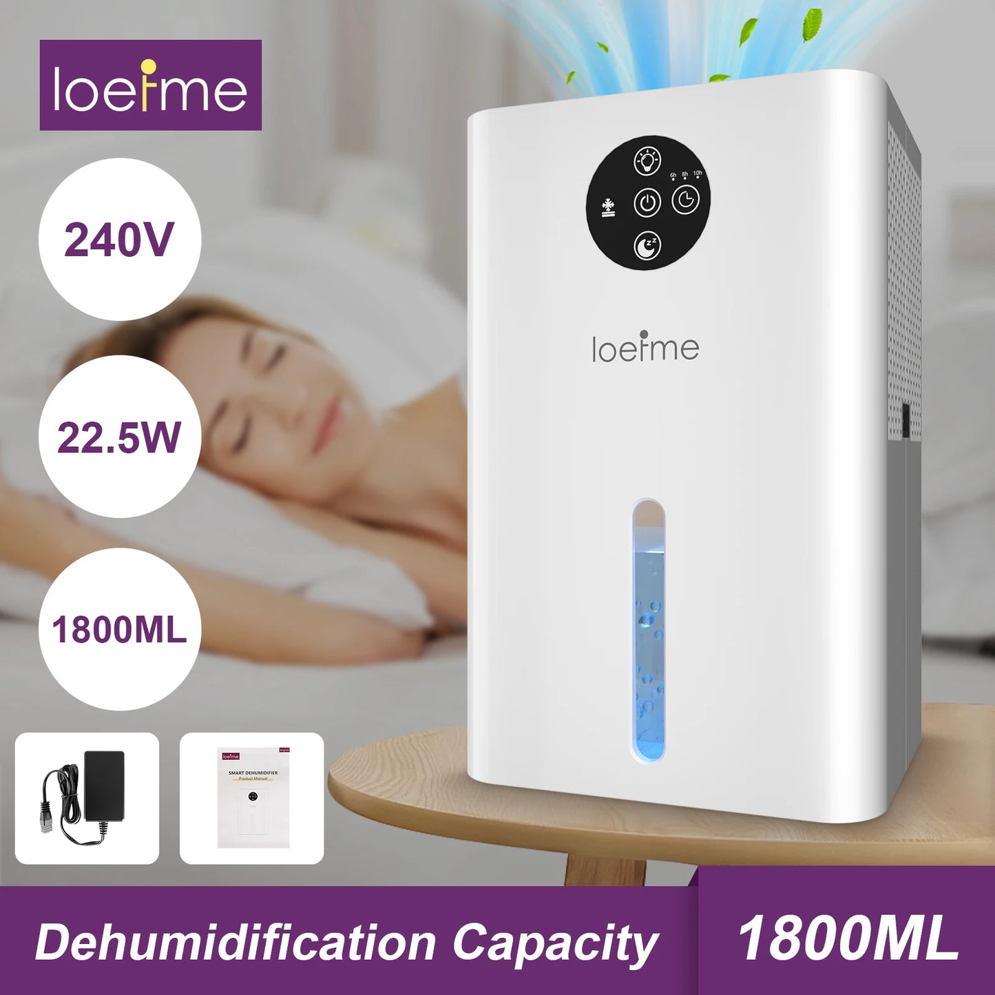 LOEFME 1.8L Electric Dehumidifier Portable Quiet Air Dryer, 6-8-10H Timer, Touchscreen, Against Humidity, Mould, Moisture, Damp.