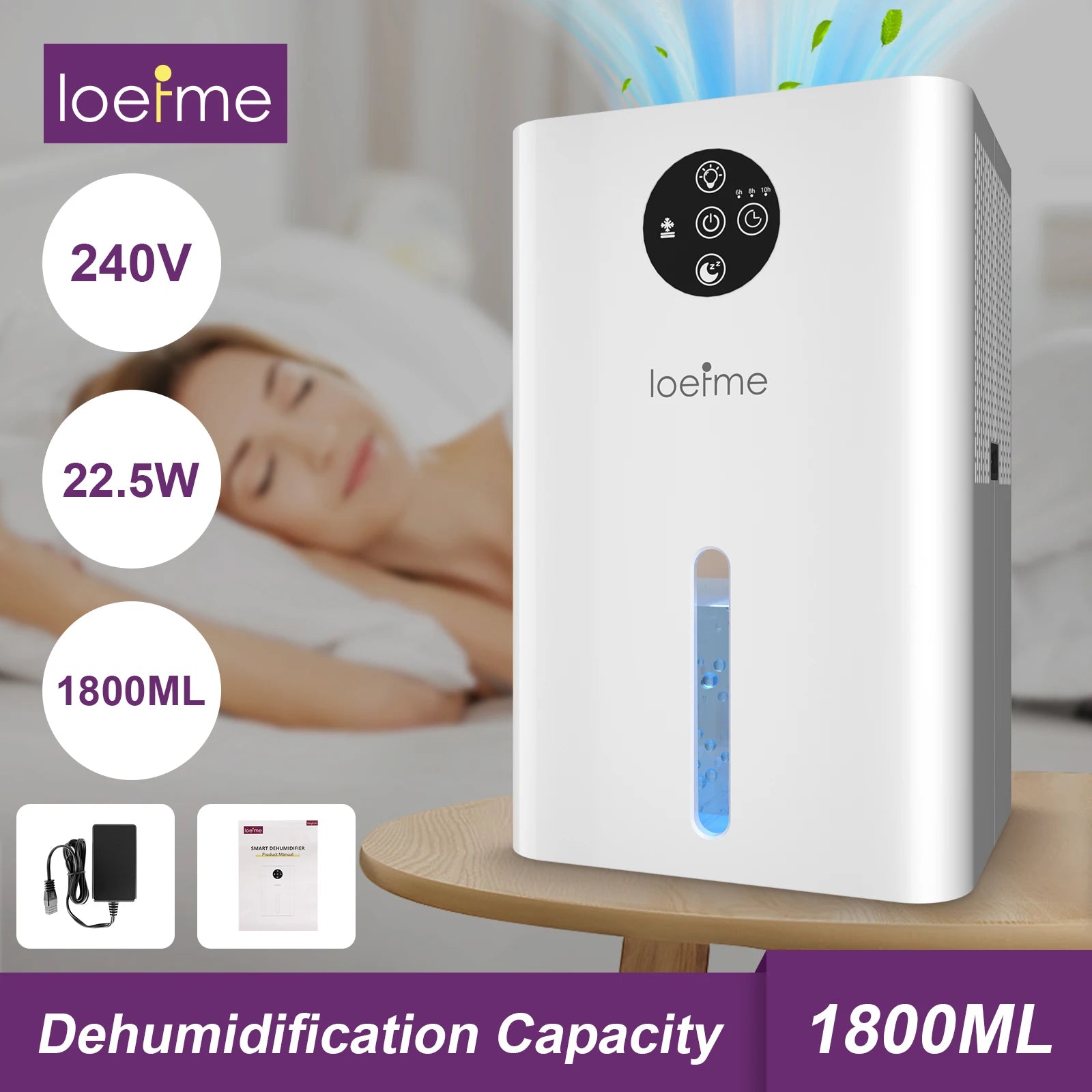 LOEFME 1.8L Electric Dehumidifier Portable Quiet Air Dryer, 6-8-10H Timer, Touchscreen, Against Humidity, Mould, Moisture, Damp.