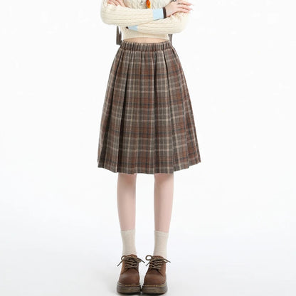 Preppy Style Woolen Pleated Plaid Skirt Women Fall Winter Retro Elastic High Waist Skirts Female Japanese A Line Faldas 2025 New.