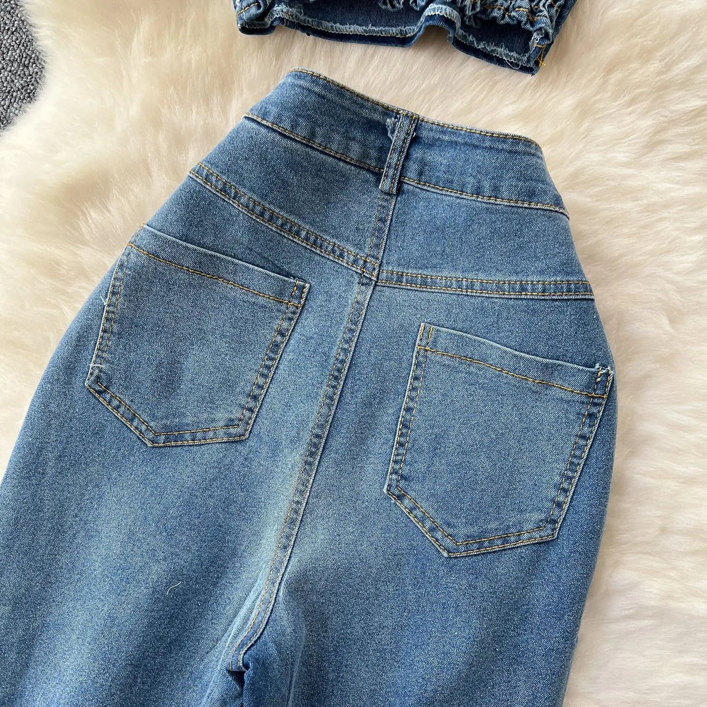 Denim Pant Set Women Two Piece Sets Sexy Matching Sets Sleeveless Short Tops Long Flare Pants High Waist Slim Hot Diamond.