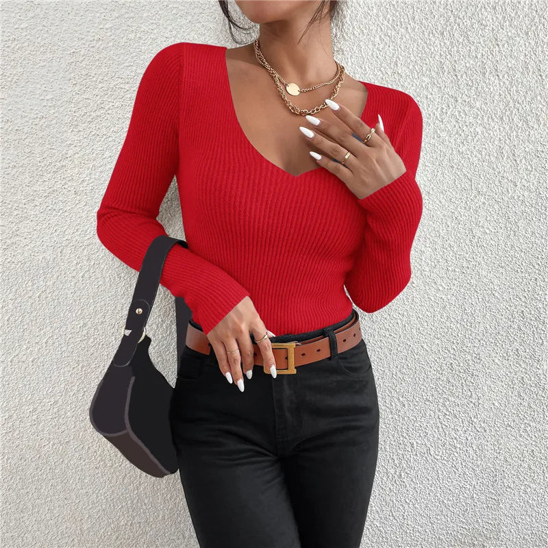 2026 herbst Winter Frauen Solide Rippen Stricken V-ausschnitt Streifen Pull Pullover Femme Y2k Langarm Pullover Jersey Tops Mode Kleidung.