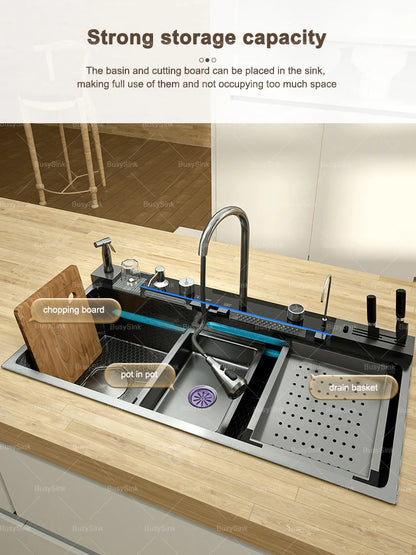 Küchenspüle aus Edelstahl mit Wasserfall, extra große Einzelschüssel, Digitalanzeige, multifunktionale Geschirrspülbecken