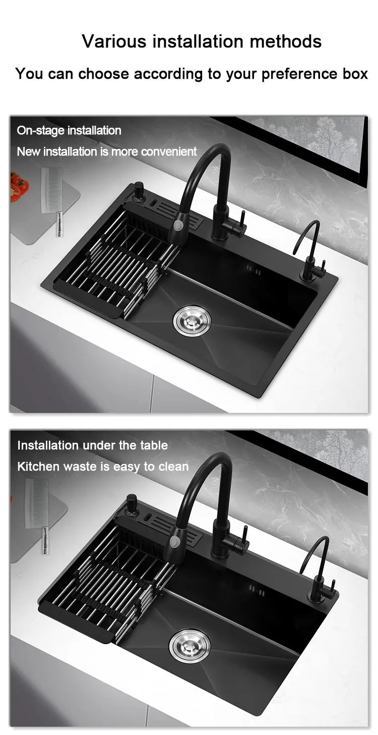 kitchen sink Black nano-sink single-slot household hand-washing basin kitchen large 304 stainless steel sink sink bowl