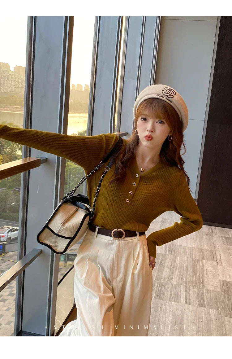 2023 herbst Winter Frauen Pullover Beiläufige Dünne Taste Gestrickte Pullover Pullover Femme Grundlegende Solide Jersey Tops Mode Kleidung