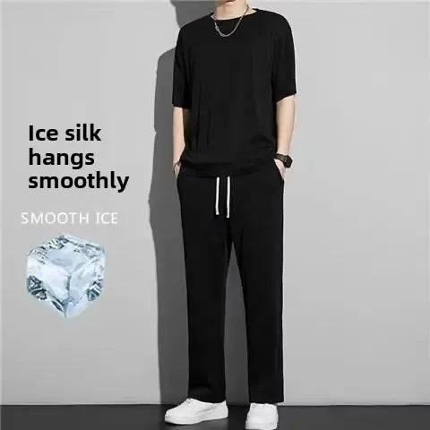 High-End Ice Silk Men's Sports Suit Casual Home Use Long Pants Short Sleeves Quick Drying Top Set Summer Collection.