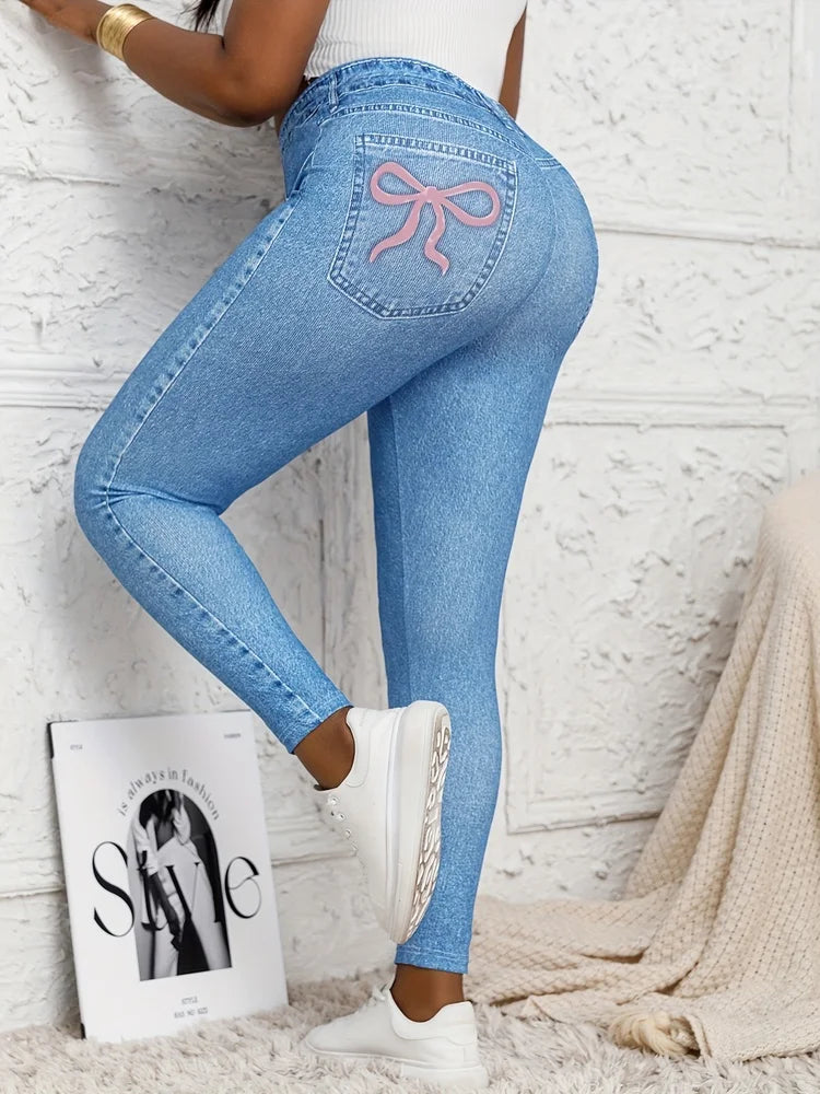 Plus Size High Waisted Skinny Jeans Faux Denim Printed Stretch Leggings Distressed Effect Women's Comfortable Fit Stretchy Pants.