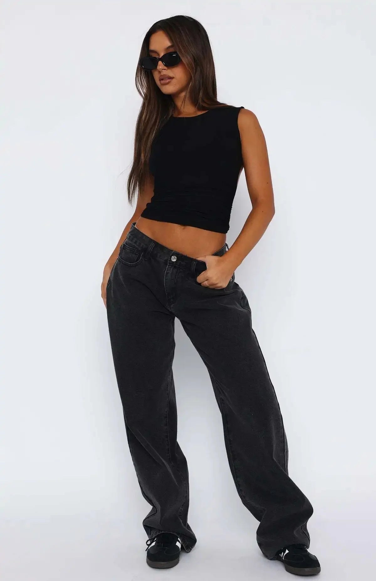Retro High Waist Commuter Light Color INS Straight Leg Slimming Versatile Wide Leg Floor Length Pants Jeans.