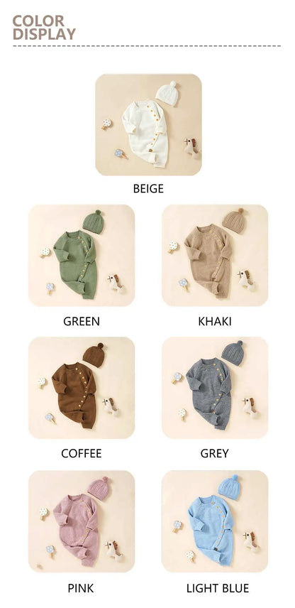 Baby Rompers Knitted Autumn Long Sleeve Newborn Boys Girls Jumpsuits Hats Outfits Sets Winter Solid Infant Netural Overall 0-18m