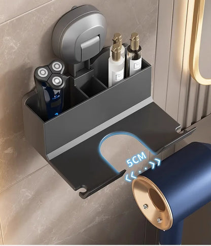 Halterung für Haartrockner, Aufbewahrungsregal mit Saugnapf, ohne Stanztoilette, Aufbewahrungsregal für das Badezimmer, Aufhänger für Haartrockner