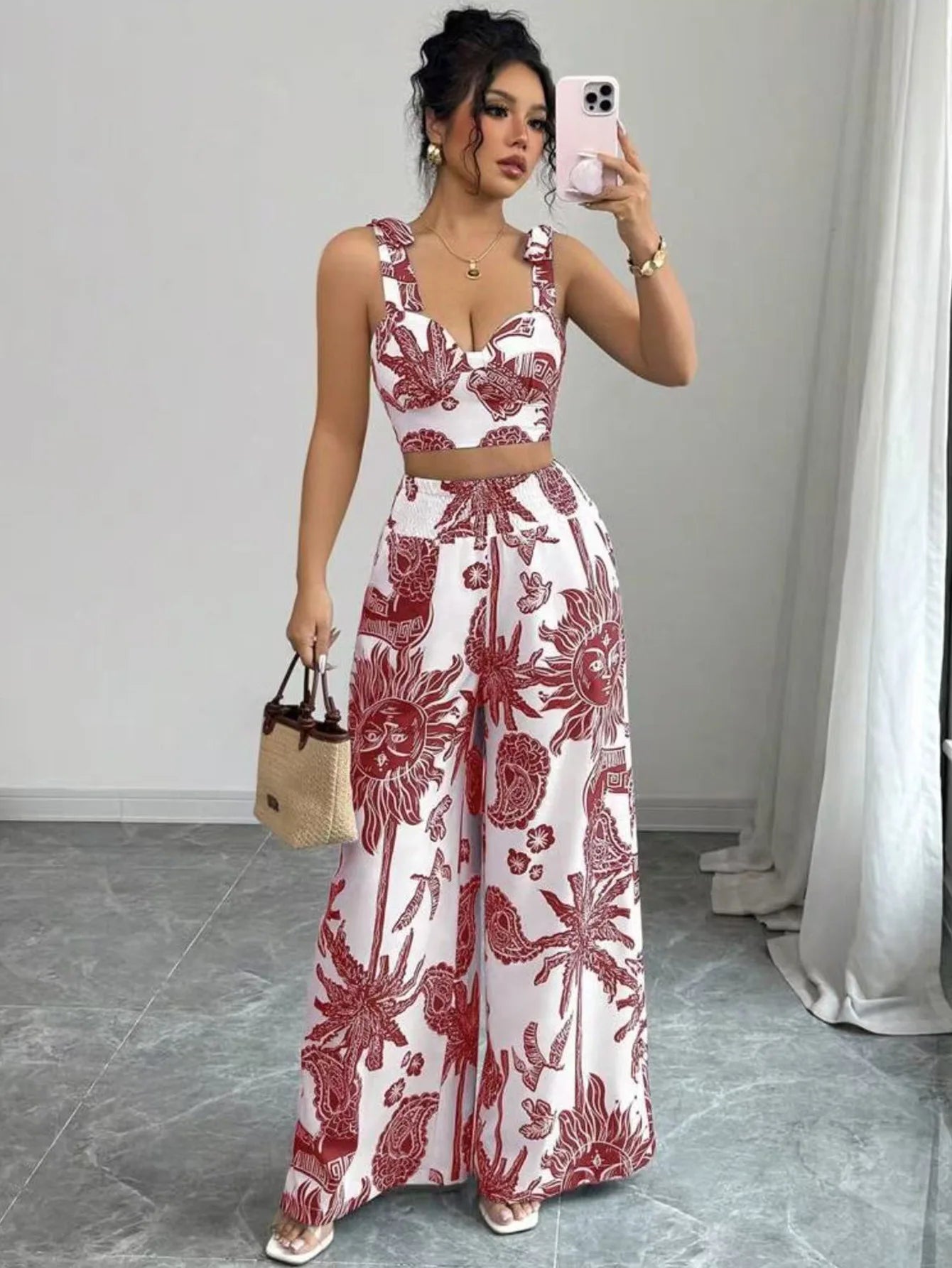 Sexy Strapback Halter Tops Long Pants Female 2-piece Set Summer Fashion Printed Wide-leg Pocket Trousers Elegant Women's Suit.