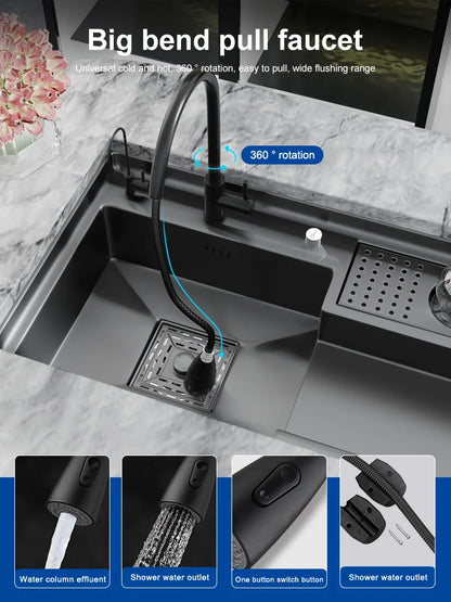 Stainless Steel Kitchen Sink Stepped Large Single Slot Wash Dish Vegetables Basin Multifunctional With Cup Washer Knife Holder