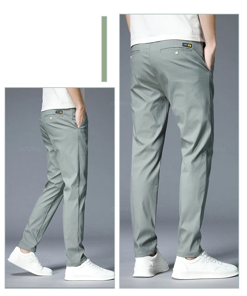 Spring Summer Casual Pants Men Thin Stretch Slim Fit Elastic Waist Business Classic Korean Trousers Male Khaki Gray 38.