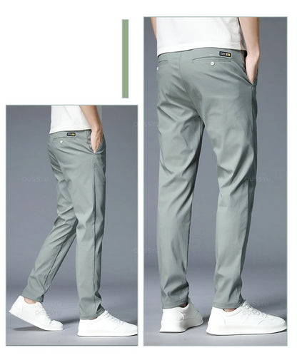 Spring Summer Casual Pants Men Thin Stretch Slim Fit Elastic Waist Business Classic Korean Trousers Male Khaki Gray 38.