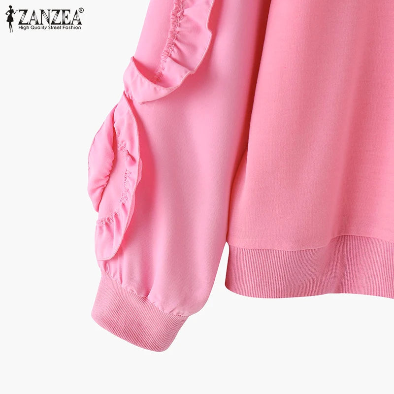 ZANZEA Plus Größe Frauen Solide Sweatshirts Herbst Rüschen Nähte Tops Vintage Oansatz Lässige Mode Lange Puff Sleeve Pullover.