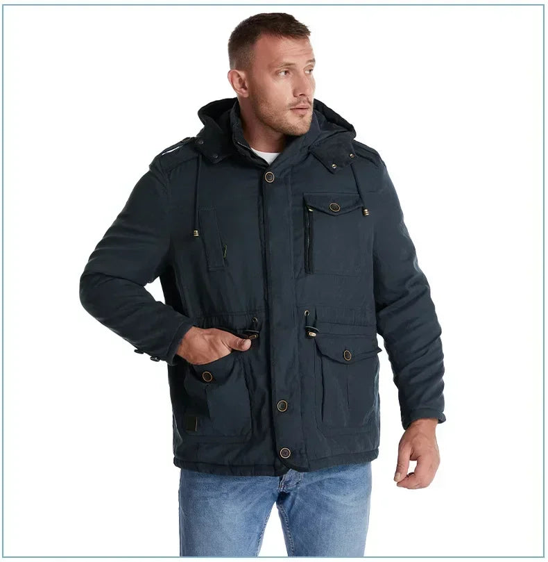 Men's Jacket WINTER USA SIZE Large SIZE Lamb Fleece JACKETS Hooded Cotton Thickened Multi Pocket Casual Mid length Coat
