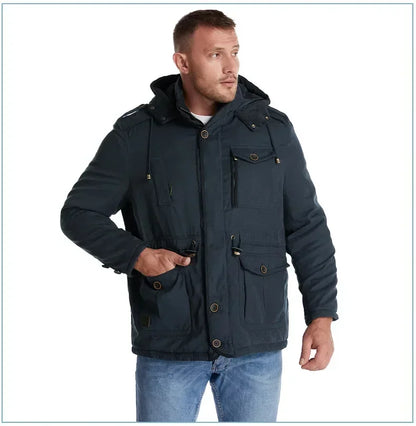 Men's Jacket WINTER USA SIZE Large SIZE Lamb Fleece JACKETS Hooded Cotton Thickened Multi Pocket Casual Mid length Coat