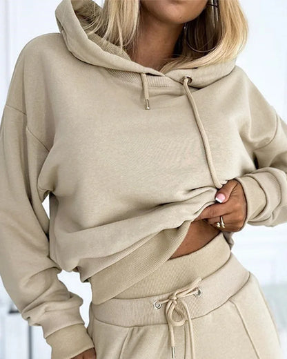 2024 Spring Autumn New Loose Sports Suit Women Long Sleeve Hooded Sweatshirt Drawstring High Waist Pocket Wide Leg Pants Suit.