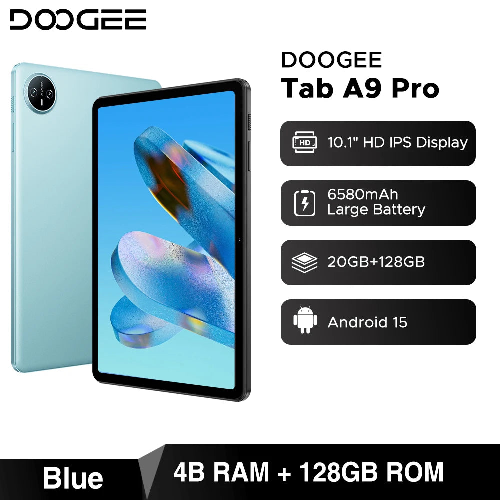DOOGEE Tab A9 Pro Tablet 10.1" HD Display Android 15 20GB(4+16) 128GB 6580mAh Large Battery Dual Speakers Pad PC 2 In 1 Tablet