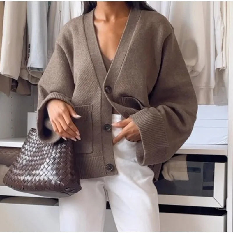 Damenjacke mit V-Ausschnitt, einfarbig, langärmelig, Strickjacke, modischer, lockerer, lässiger Pullover.