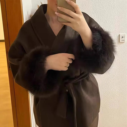 Frauen Mäntel Elegante Revers Plüsch Mit Gürtel Faux Pelz Hülse Tweed Offenen Mantel Weibliche 2025, Herbst Winter Mode Dame streetwear