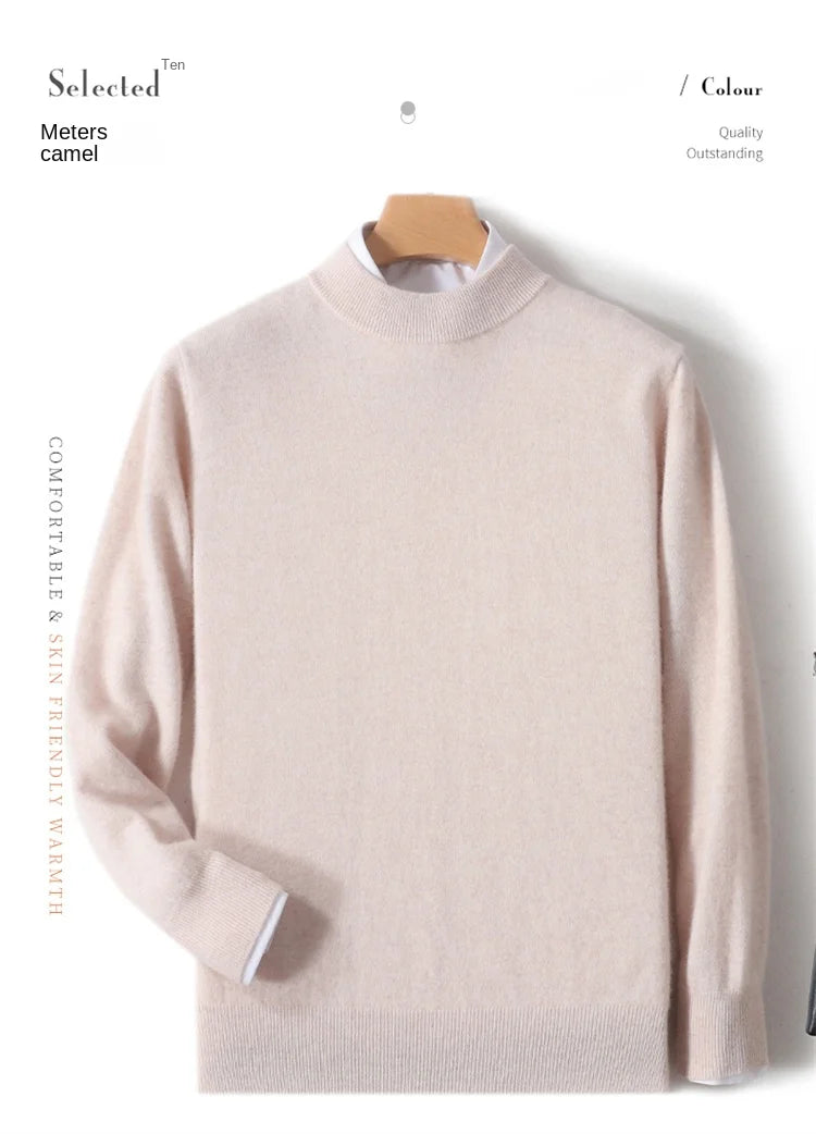 100% Pure Merino Wool Men's Semi High Neck Pullover Solid Color Plus Size Casual Sweater Autumn And Winter Sports Cashmere Top
