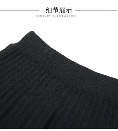 Korean Fashion Autumn Winter Women Solid Elastic High Waist Lace Patchwork Simplicity Mid-length A-line Pleated Knitted Skirt.