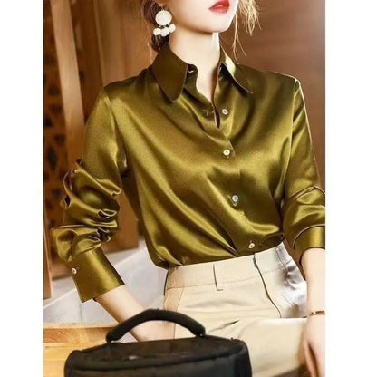 2025 Summer Women's Satin Shirts Elegant Plain Long Sleeve Blouse Office Lady Button-Up Shirt Top Female Shirts Blouse Autumn.