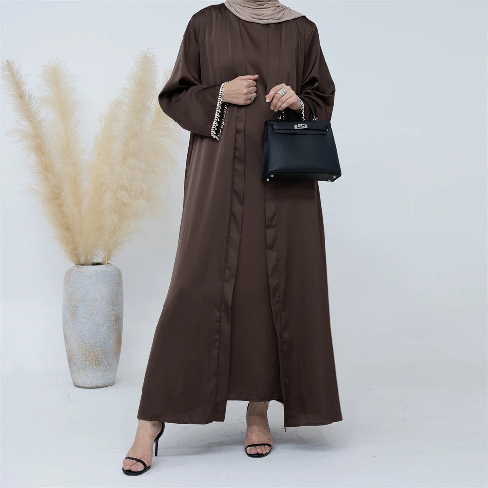 Ramadan Kebaya Chain Satin Kimono 2 Piece Abaya Set Turkey Islam Dress Muslim Sets Abayas For Women Robe Femme Musulmane Kaftan.