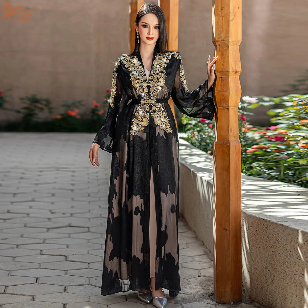 Fashion Lace Embroidered 2 Piece Set Robe Belt Abaya Dubai Kaftan Women Muslim Dress Morocco Caftan Ramadan Kebaya Jalabiya Gown.