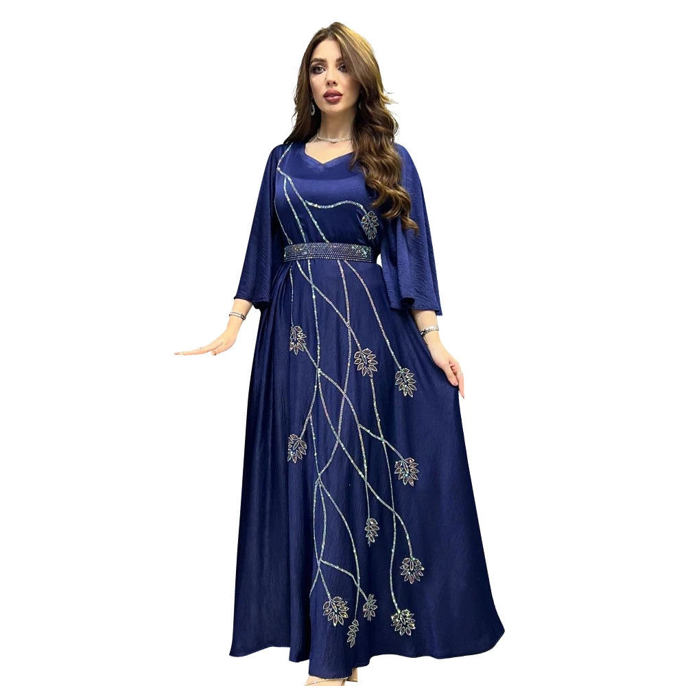 Eid Mubarak Djellaba Femme Diamanten Abaya Frauen Muslimischen Abend Party Kleid Dubai Türkei Kaftan Gürtel Jalabiya Islamische Robe Kleid.