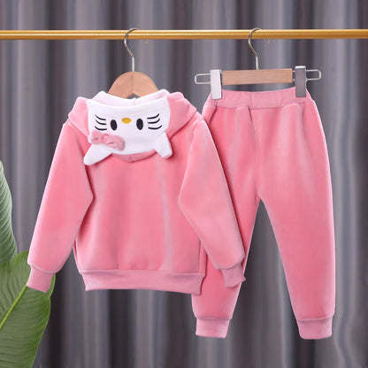 2025 new girl plus velvet sleeve winter warm and thick cartoon hat-connected top+pants two-piece 0-4-year-old children's set.