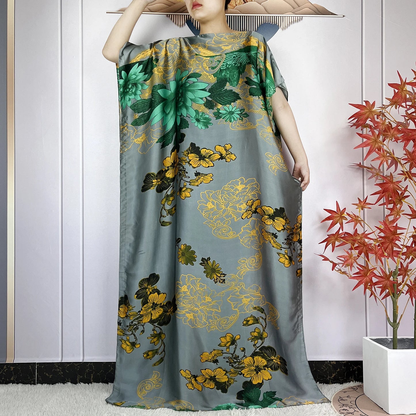 2024 New Dubai Summer Fashion For Women Printed Silk Soft Loose Femme Robe African Islam Maxi Woman Casual Dresses With Turban.