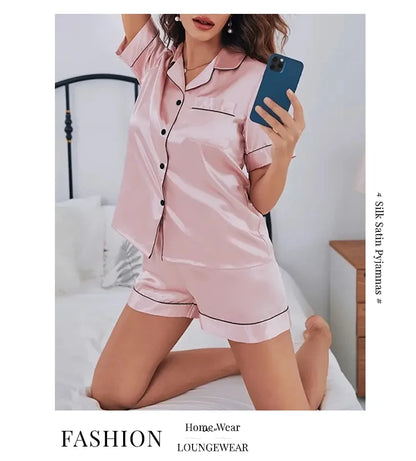 Sommer-Pyjama-Set aus Seidensatin für Damen, Oberteil und Shorts mit Knopfleiste, 2-teilig, Nachtwäsche, gekerbter Kragen, Nachtwäsche, Loungewear für Damen.