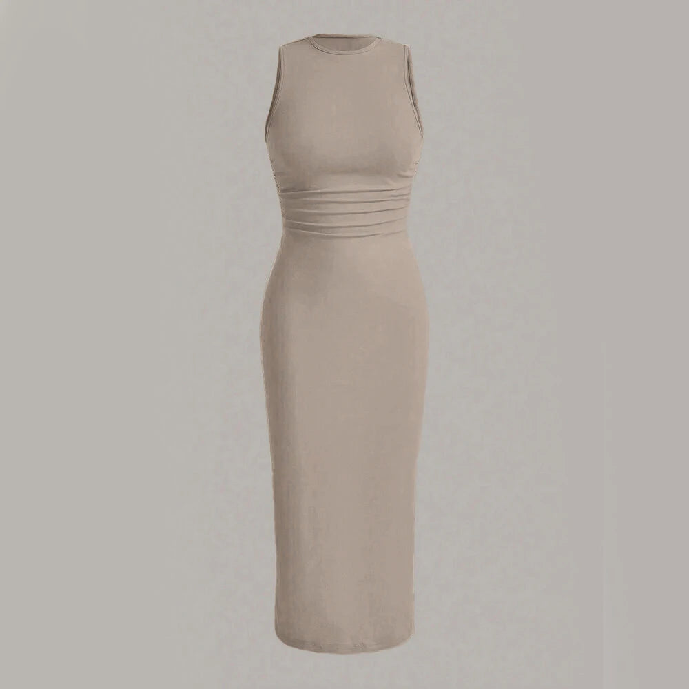 Mia Muse Damenkleider für alle Jahreszeiten, minimalistisch, schlicht, ärmellos, Rundhalsausschnitt, Wickel-MIDI-Partykleider.