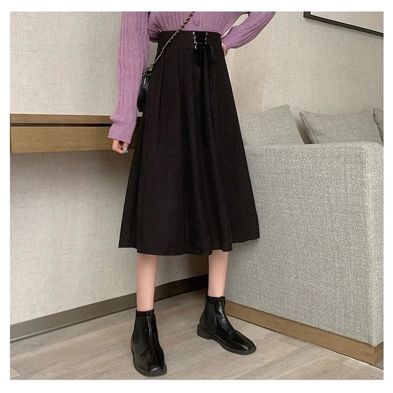 Preppy Style Vintage Long Skirts Women High Waist Sweet Loose A Line Skirt Lace Up Retro Fall Winter Female Elegant Long Skirts.