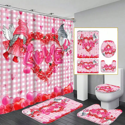4-teiliges Badezimmer-Set, wasserdichter Stoff-Duschvorhang im Palast-Stil mit 12 Haken, rutschfeste Badezimmermatte, U-förmige Toilettendeckelabdeckung
